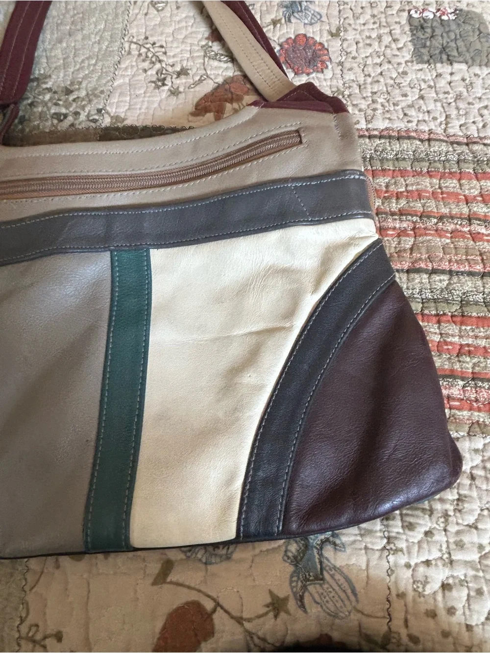 Multi-Color Genuine Leather Mexico Panel Shoulder Bag - Cream, Gray & Burgundy